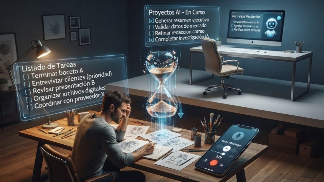Hombre agobiado en su escritorio frente a listas de tareas, un reloj de arena que se quiebra y un asistente de inteligencia artificial