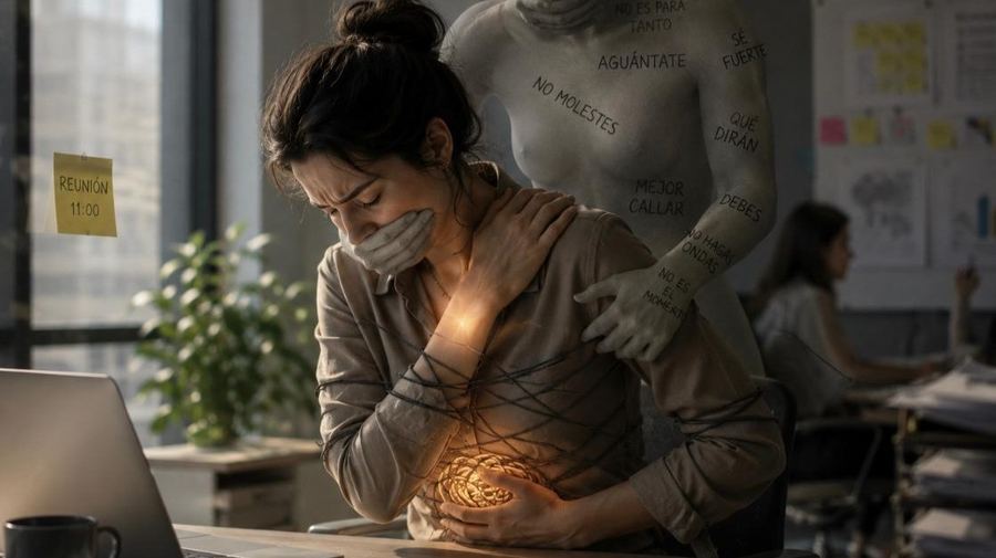 Mujer angustiada en su escritorio con una mano silenciándola, representando las emociones no procesadas
